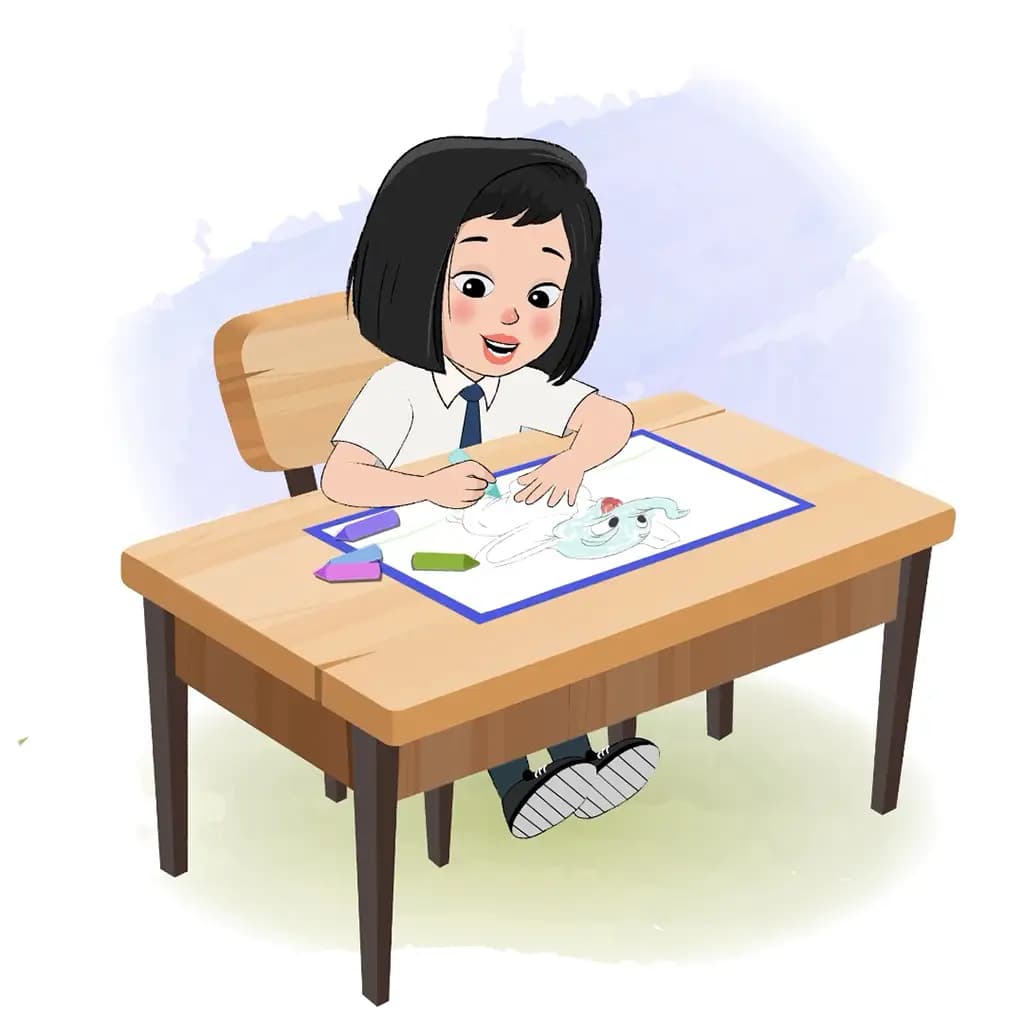 A school girl is sitting at a table with some crayons and coloring on the paper aka anaya