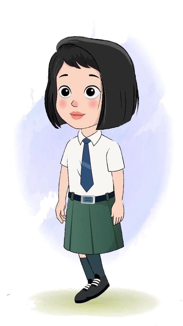 A school girl 3/4 front view/three quarter view walking animated cartoon character aka anaya 3/4