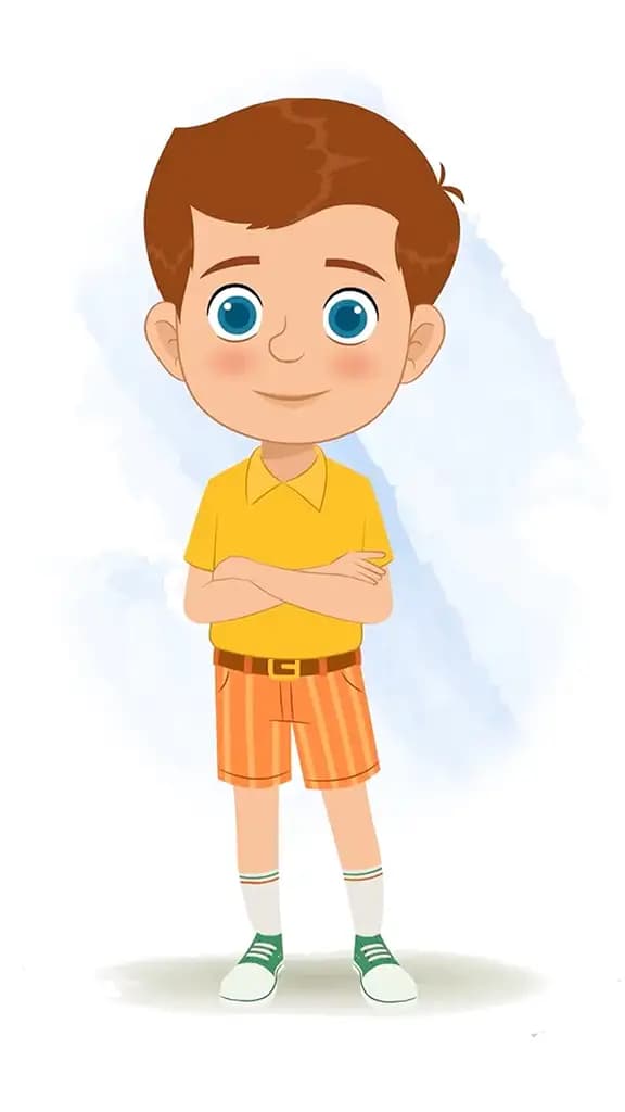 A little boy standing with cross hand and talking animated cartoon character aka johny