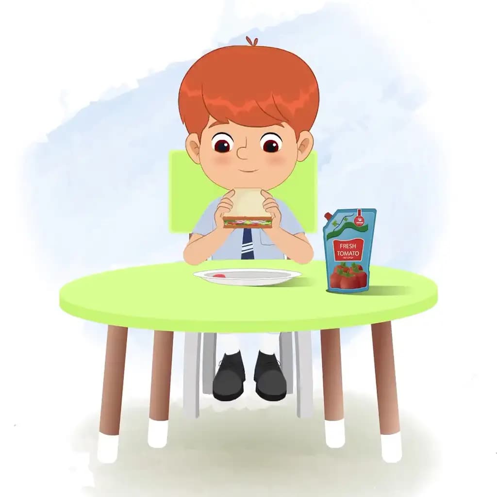 A red hair boy animated cartoon character sitting at a table and eating a sandwich aka max