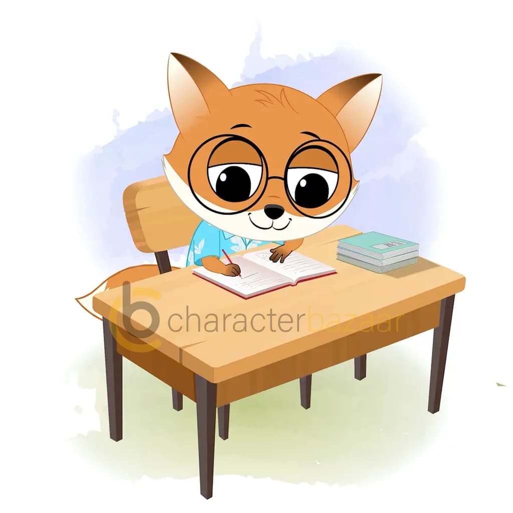 A cute little fox doing homework and sitting on the table animated cartoon character aka blaze the fox