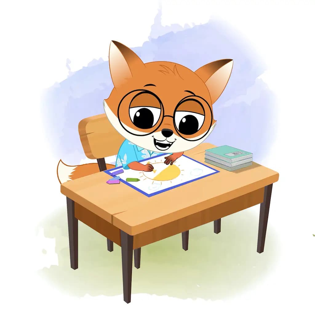 A cute little fox is sitting at a table with some crayons and colouring on the paper aka blaze the fox