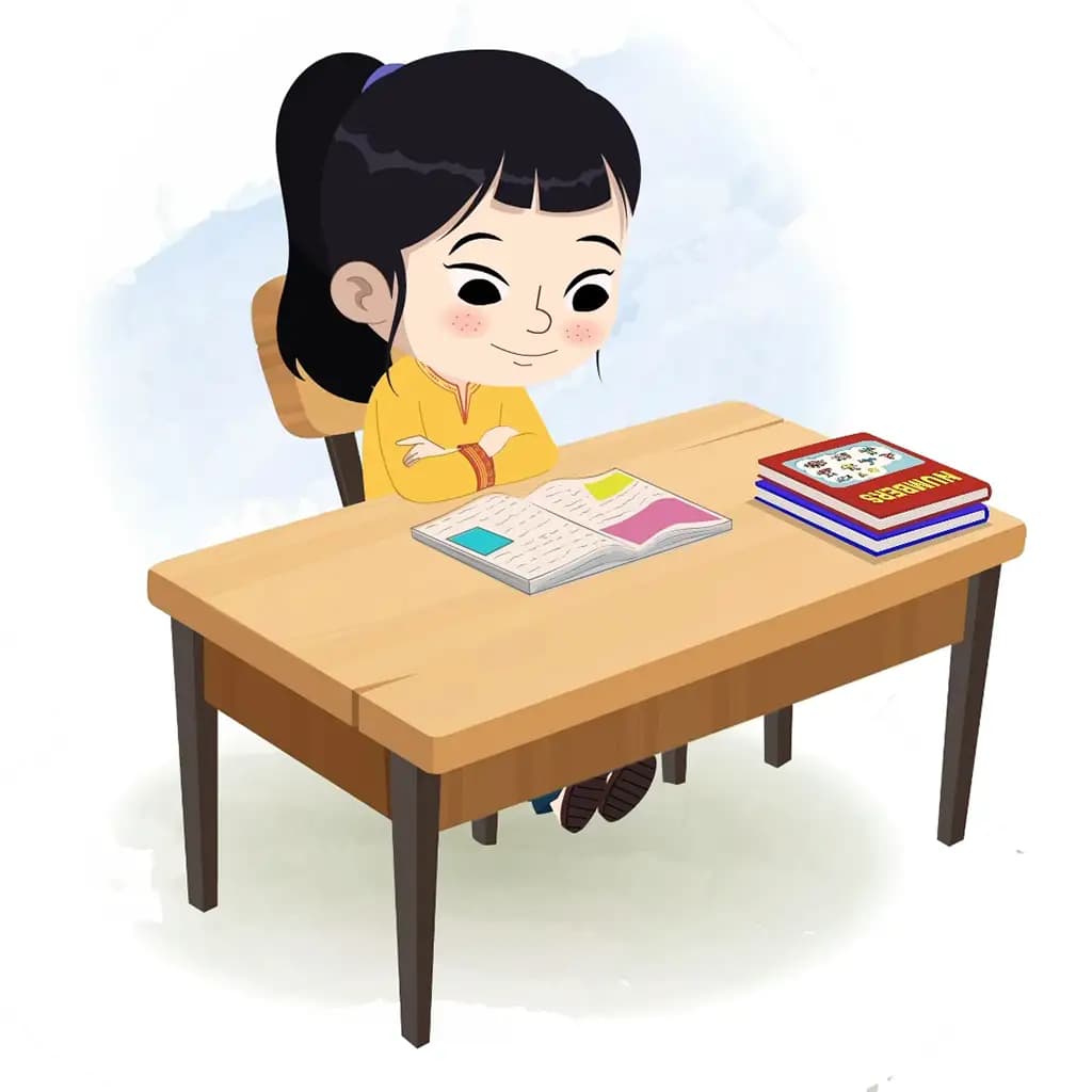A cute Indian girl reading a book and sitting on the table animated cartoon character aka lilly