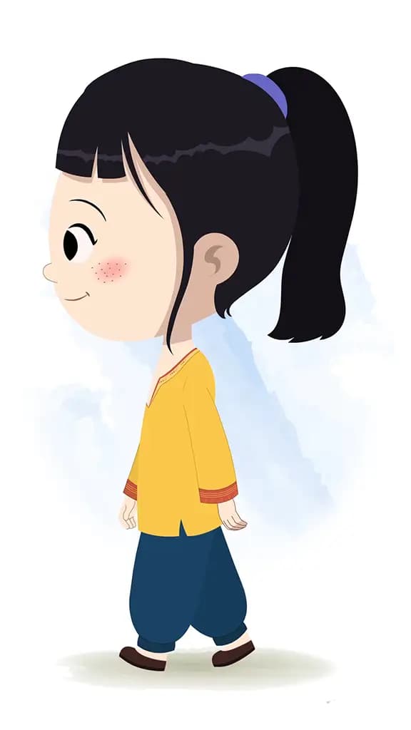 A cute Indian girl walking side view animated cartoon character aka lilly