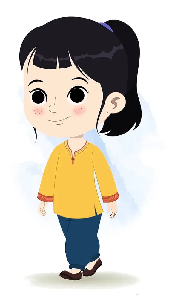 A cute Indian girl 3/4 front view/three quarter view walking animated cartoon character aka lilly 3/4