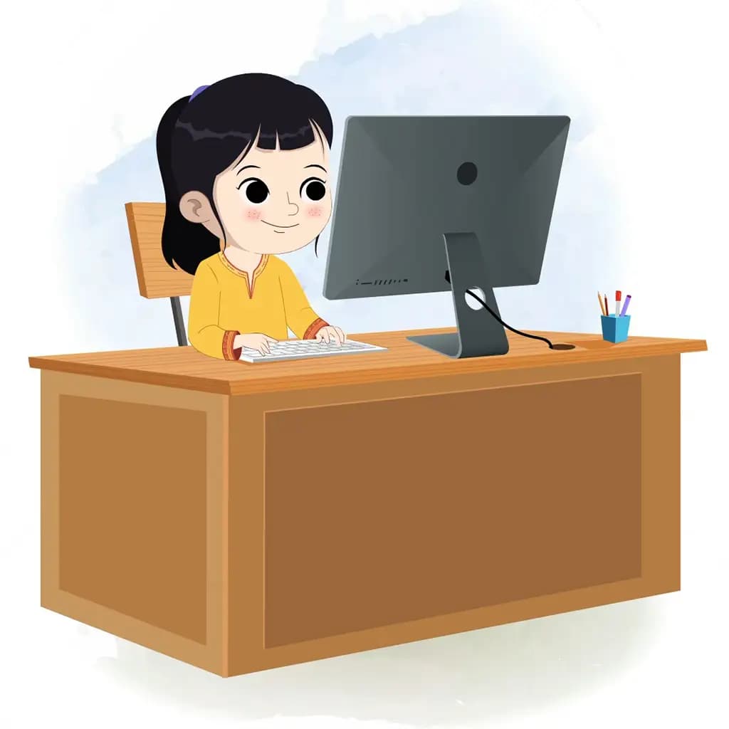 A cute Indian girl animated cartoon character working on a computer aka lilly