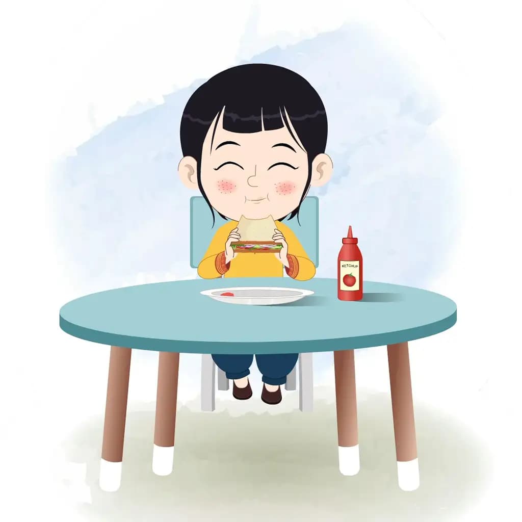 A cute Indian girl animated cartoon character sitting at a table and eating a sandwich aka lilly