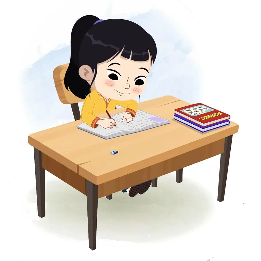 A cute Indian girl doing homework and sitting on the table animated cartoon character aka lilly