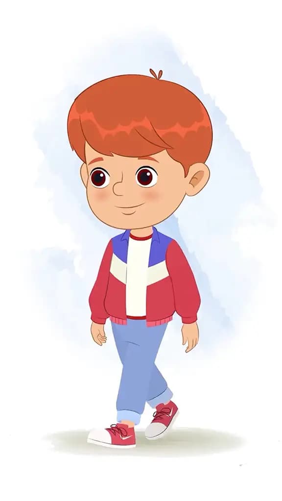 A cool boy 3/4 front view/three quarter view walking animated cartoon character aka max 3/4