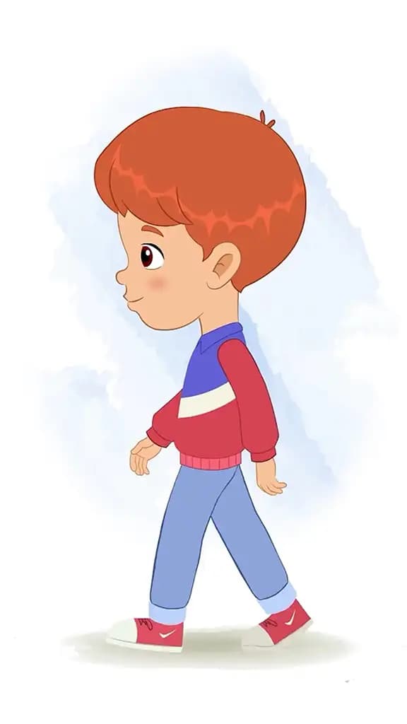 A cool boy walking side view animated cartoon character aka max