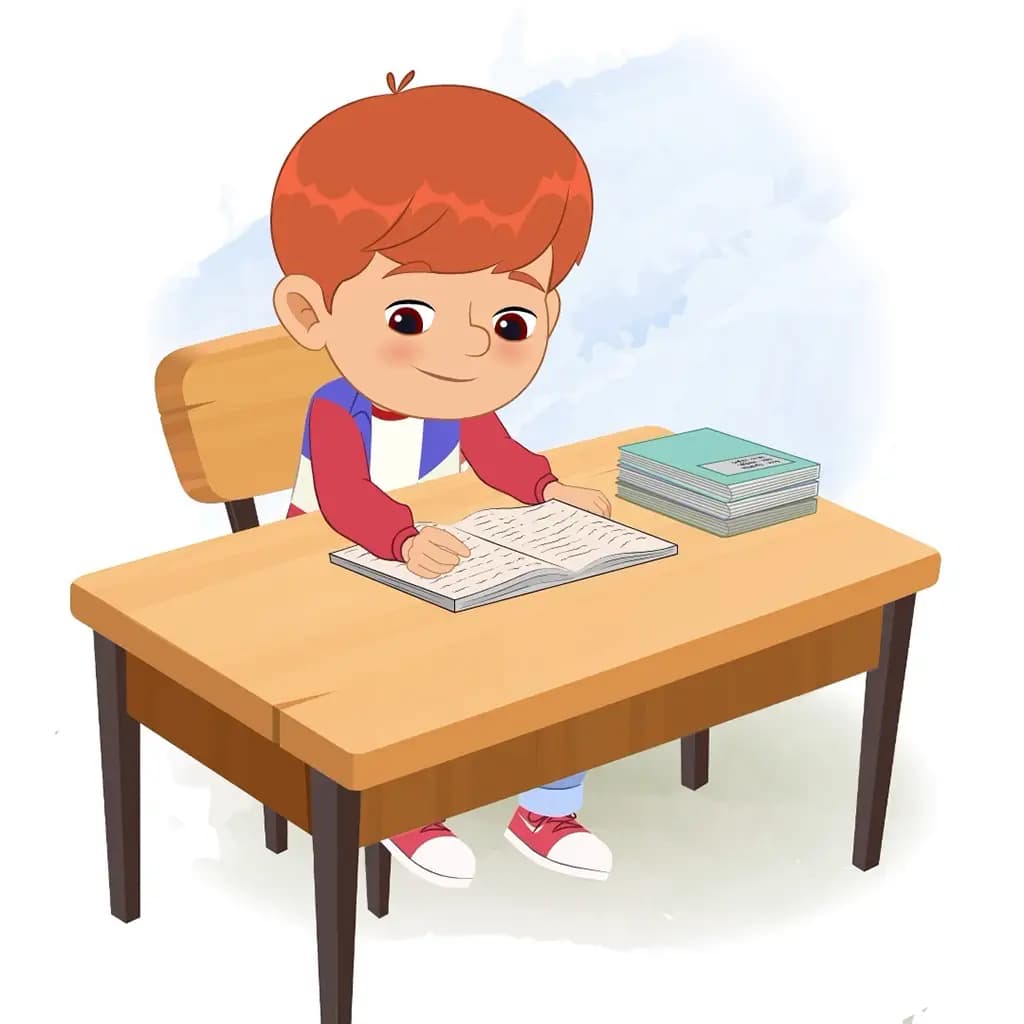 A cool boy reading a book and sitting on the table animated cartoon character aka max