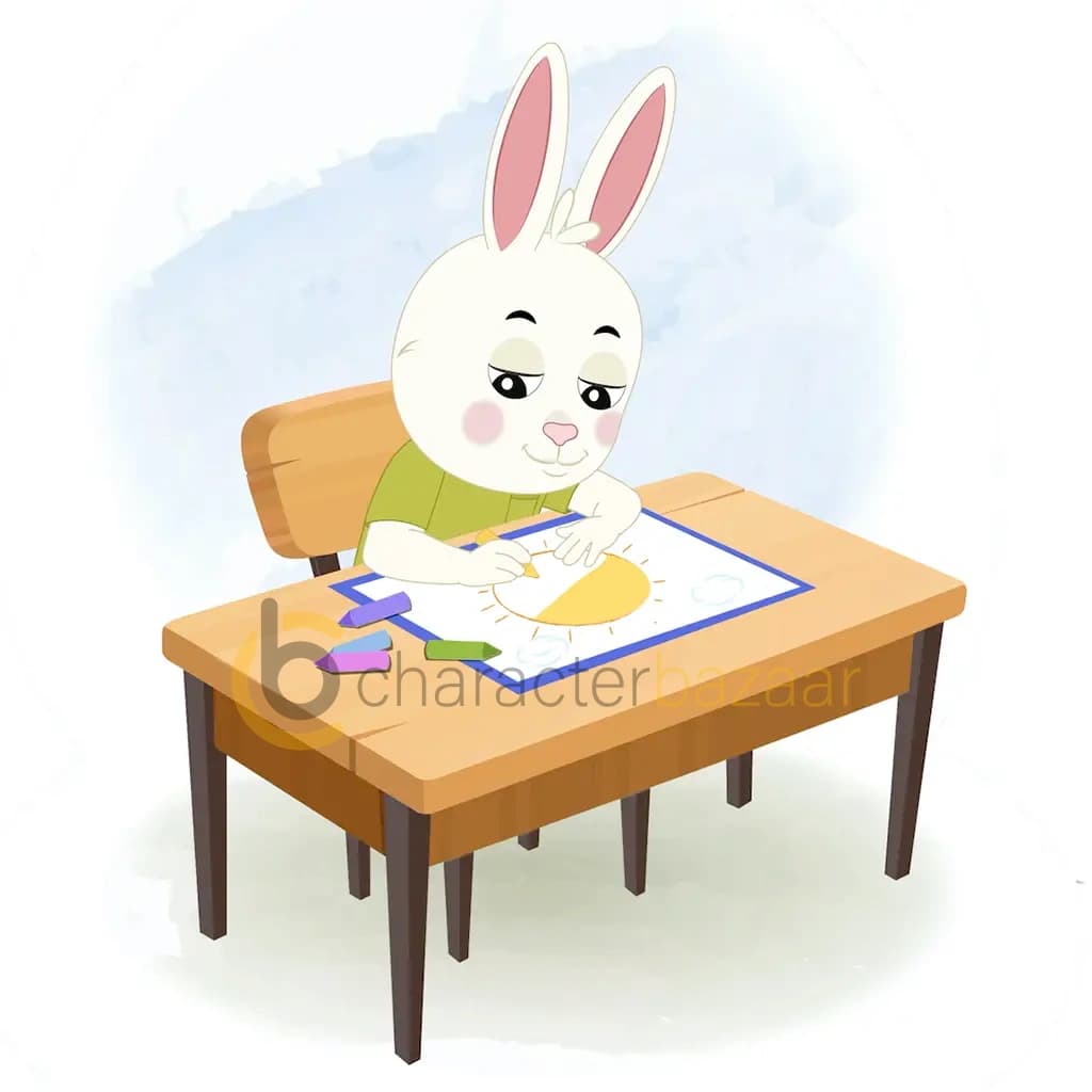 A rabbit is sitting at a table with some crayons and colouring on the paper aka heera the rabbit