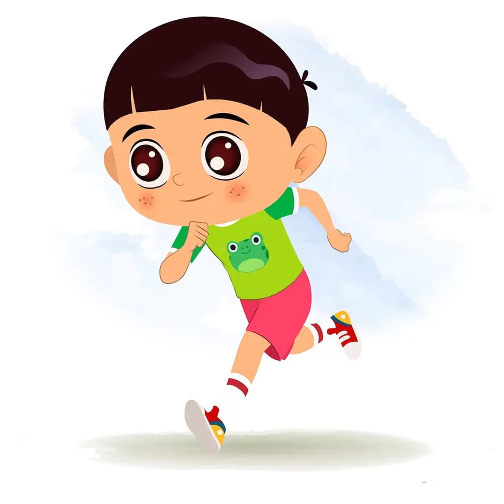 A little boy running three quarter view animated cartoon character aka moni 3/4