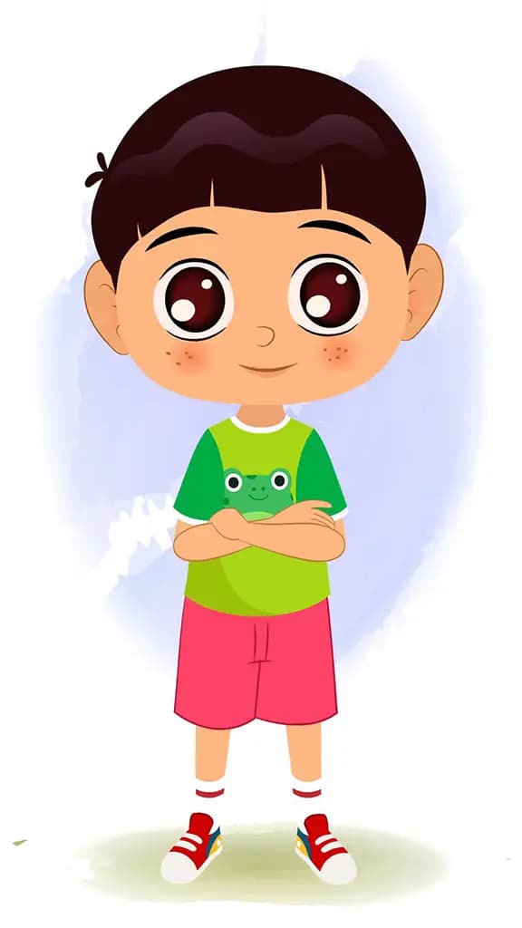 A little boy standing with cross hand and talking animated cartoon character aka moni