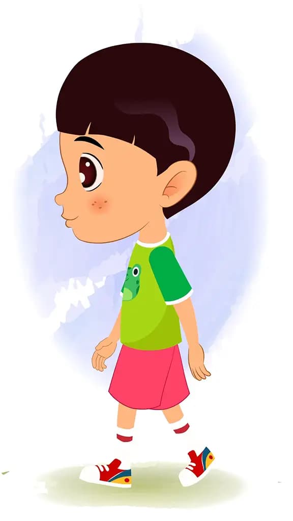 A cute boy walking side view animated cartoon character aka moni