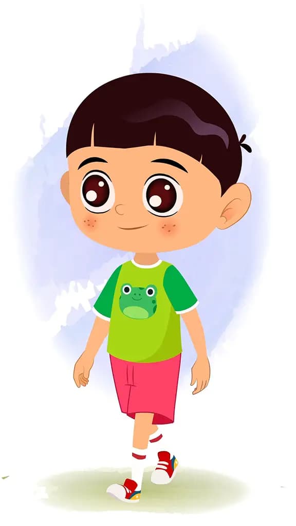 A little boy 3/4 front view/three quarter view walking animated cartoon character aka moni