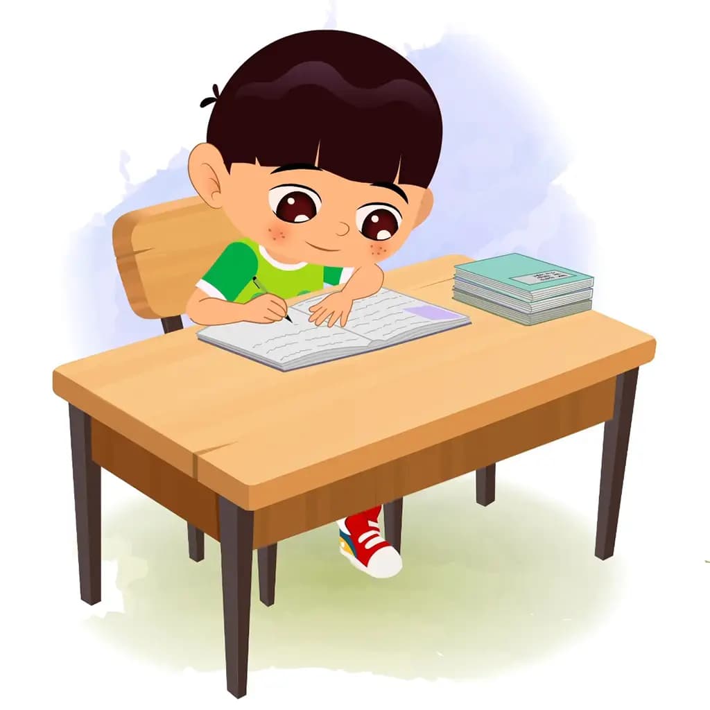 A little boy doing homework and sitting on the table animated cartoon character aka moni