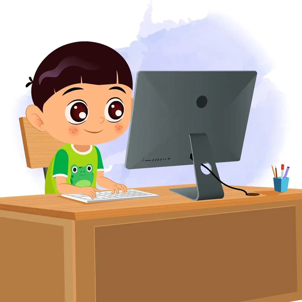 A little boy animated cartoon character working on a computer aka moni