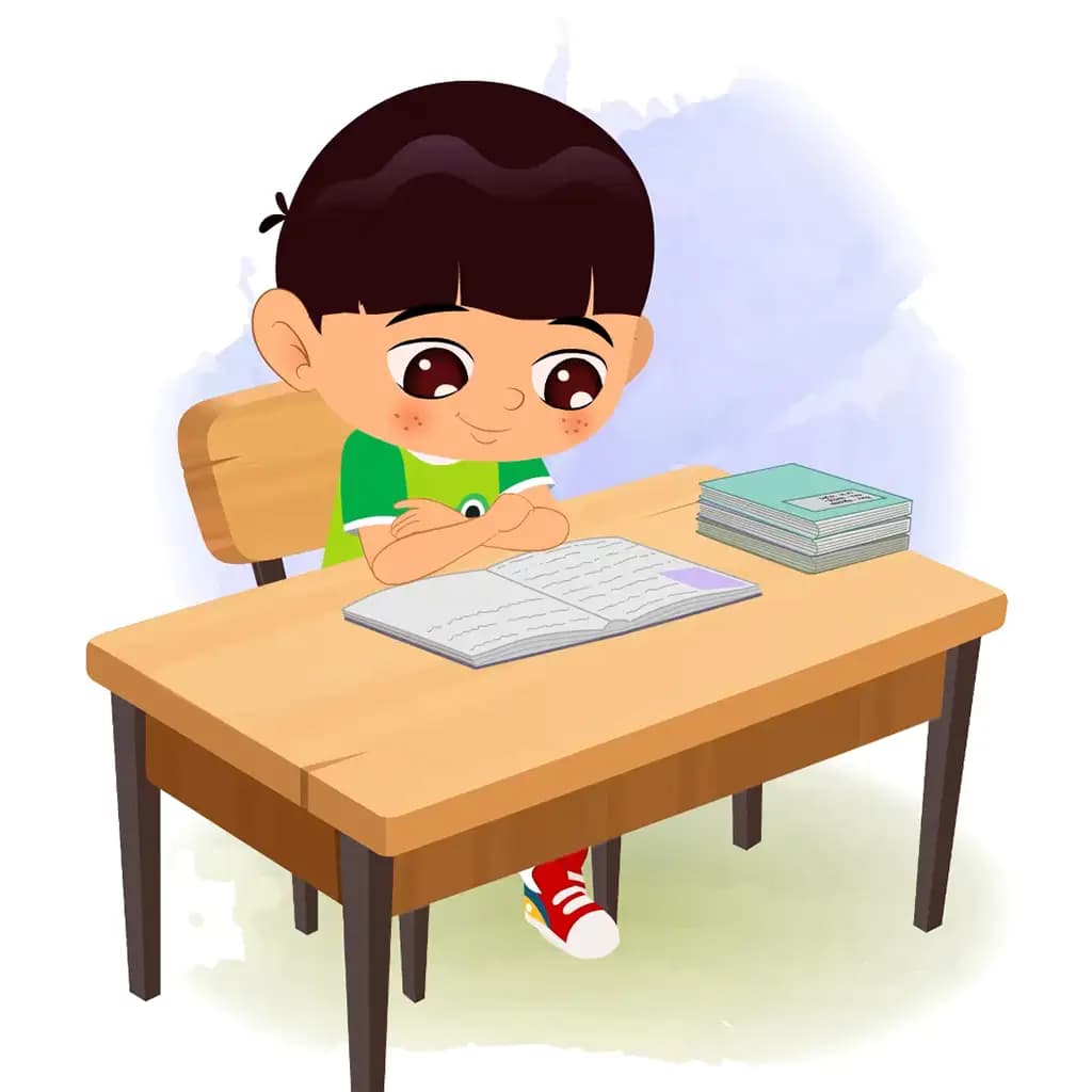 A boy reading a book and sitting on the table animated cartoon character aka moni