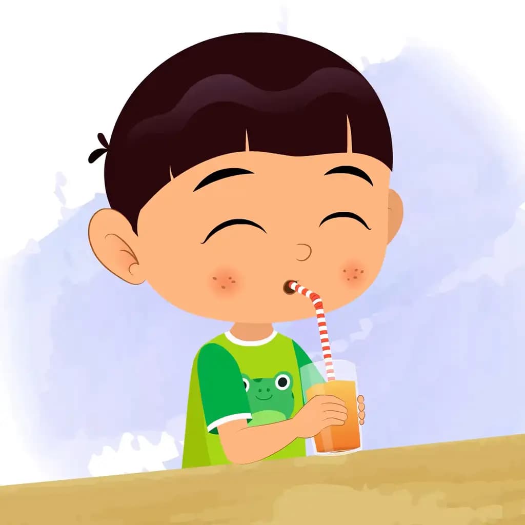 A cute boy animated cartoon character drinking a fresh juice through a straw aka moni