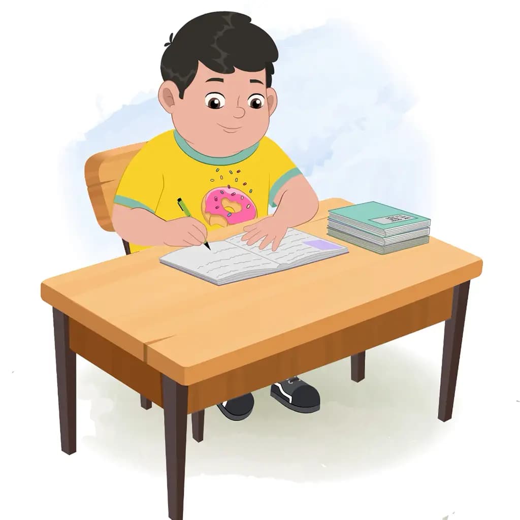 A fat boy doing homework and sitting on the table animated cartoon character aka dobi