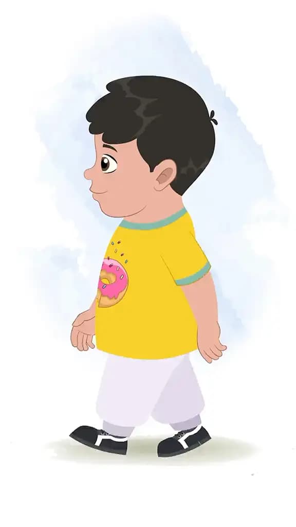 A fat boy walking side view animated cartoon character aka dobi