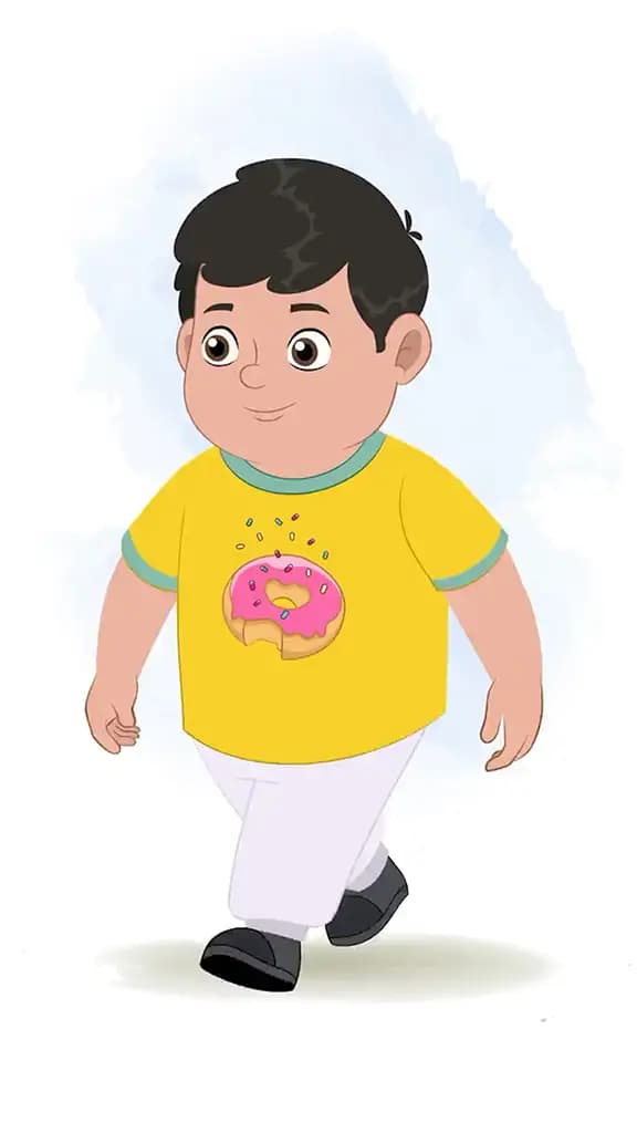 A fat boy 3/4 front view/three quarter view walking animated cartoon character aka dobi