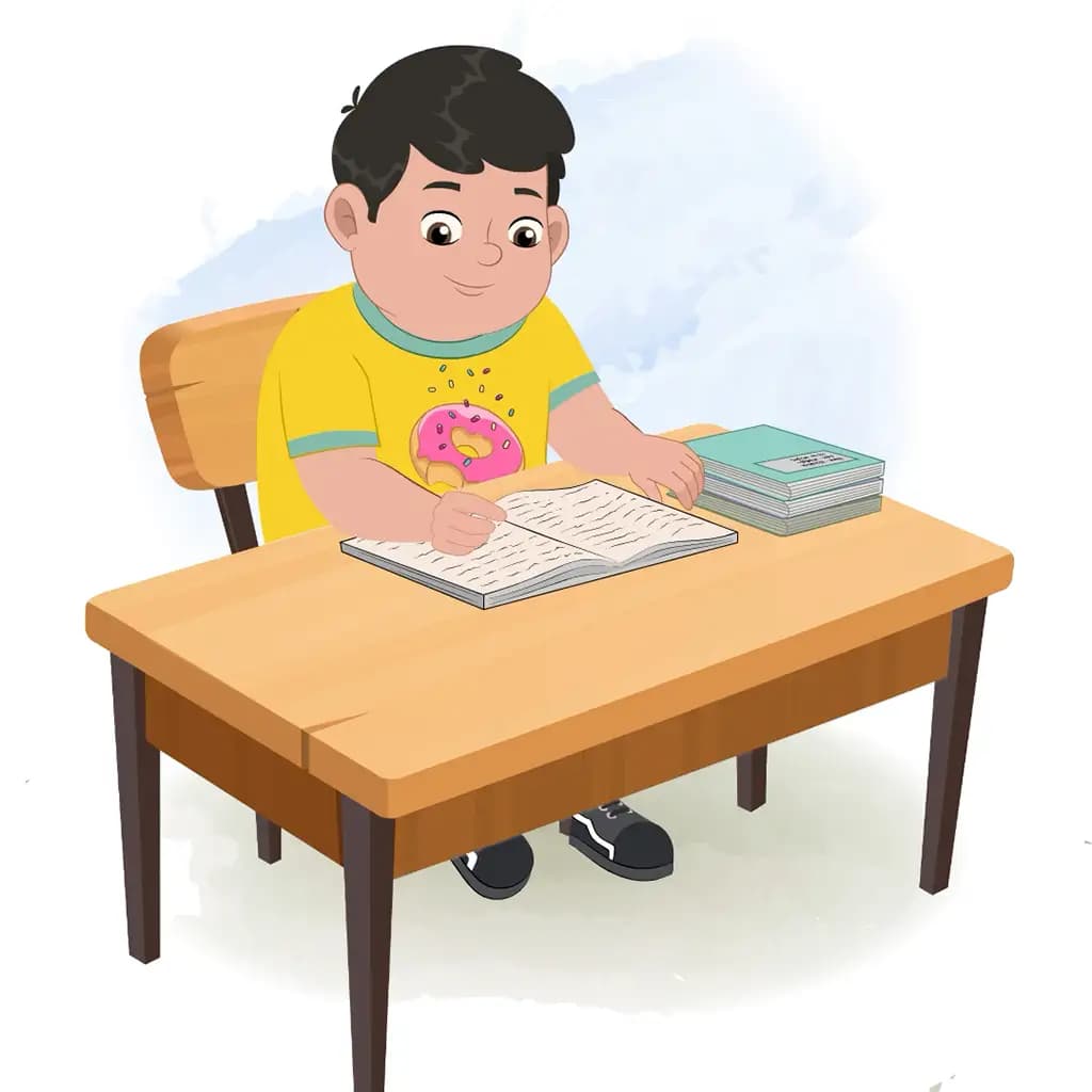 A fat boy reading a book and sitting on the table animated cartoon character aka dobi