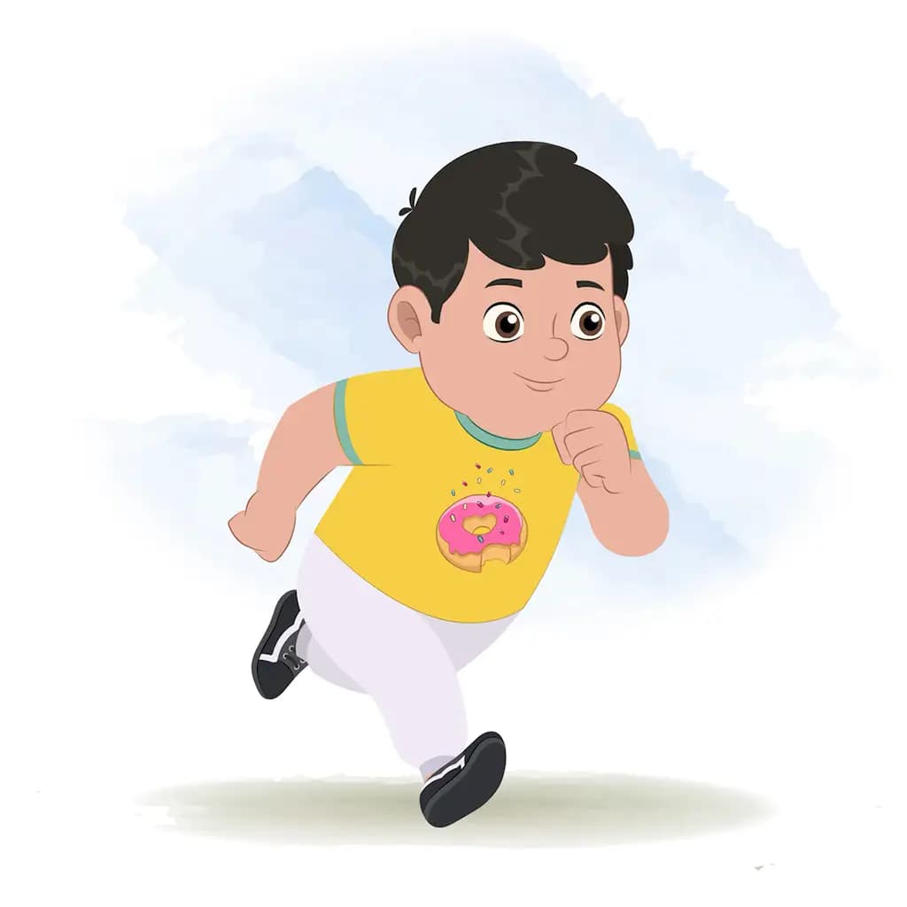 A fat boy running three quarter view animated cartoon character aka dobi