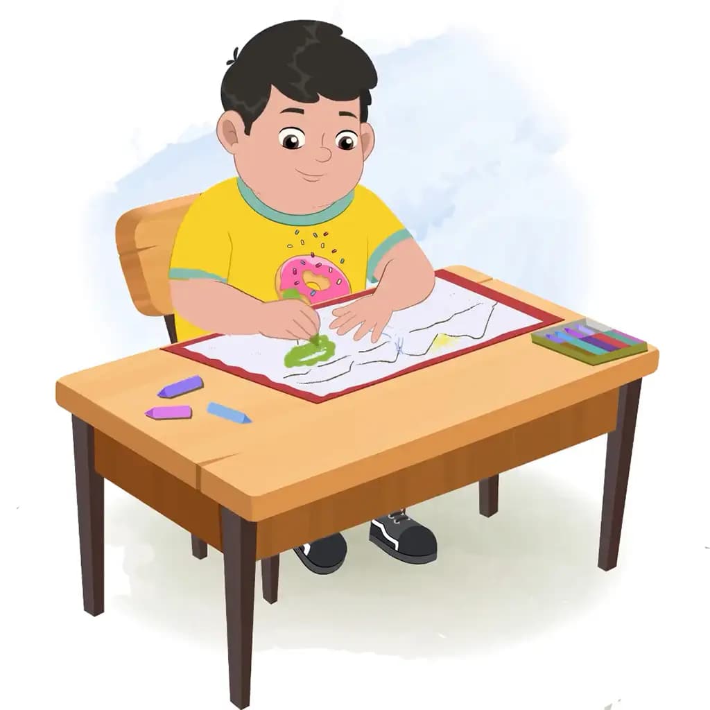 A fat boy is sitting at a table with some crayons and colouring on the paper aka dobi