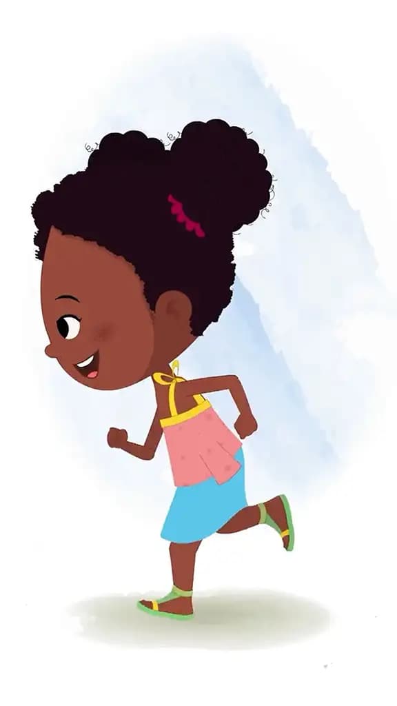 A cute black girl running fast side view animated cartoon character aka kaya