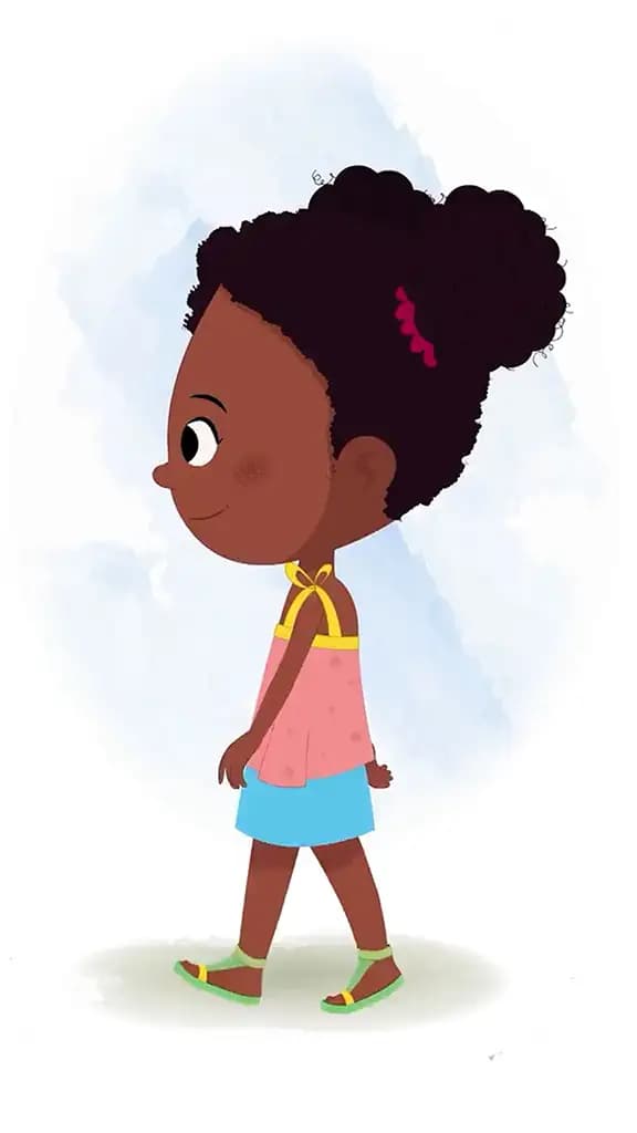 A cute black girl walking side view animated cartoon character aka kaya