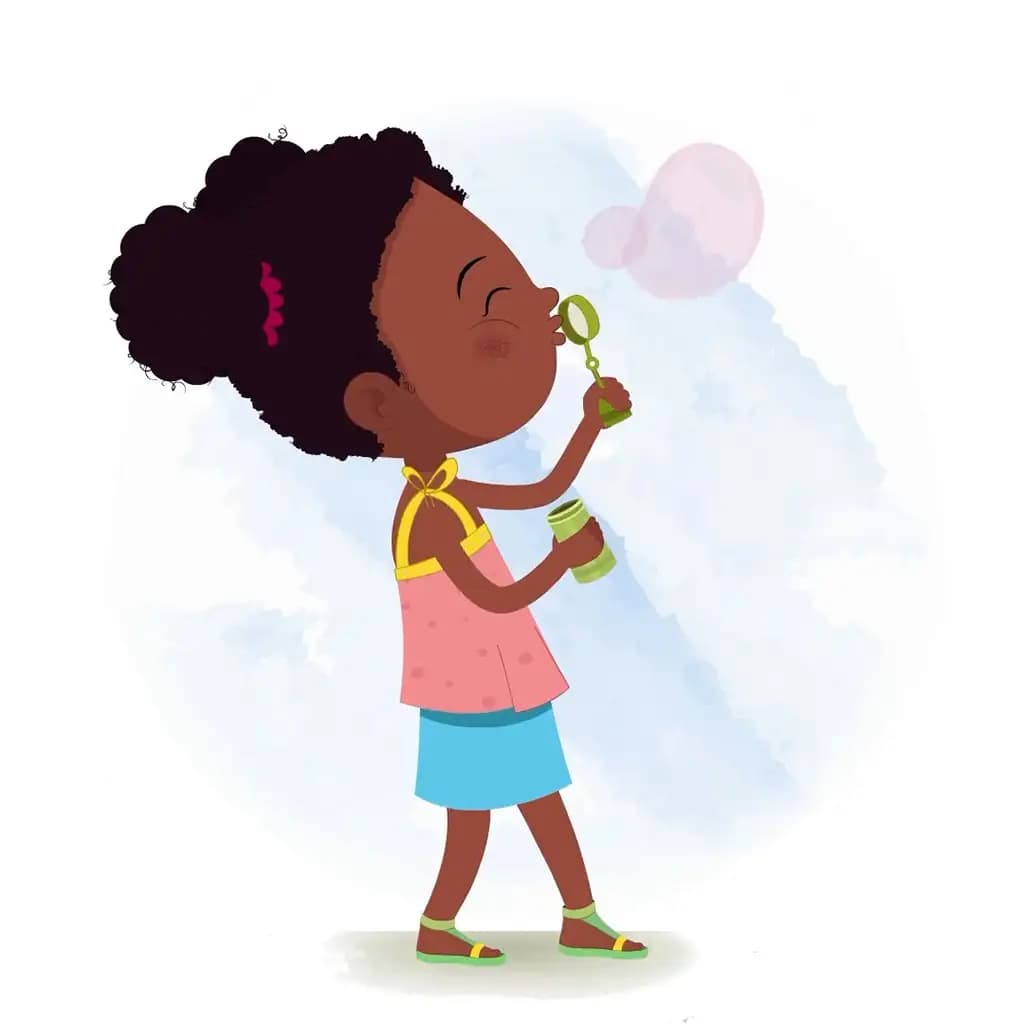 A cute black girl blowing soap bubbles animated cartoon character aka kittu