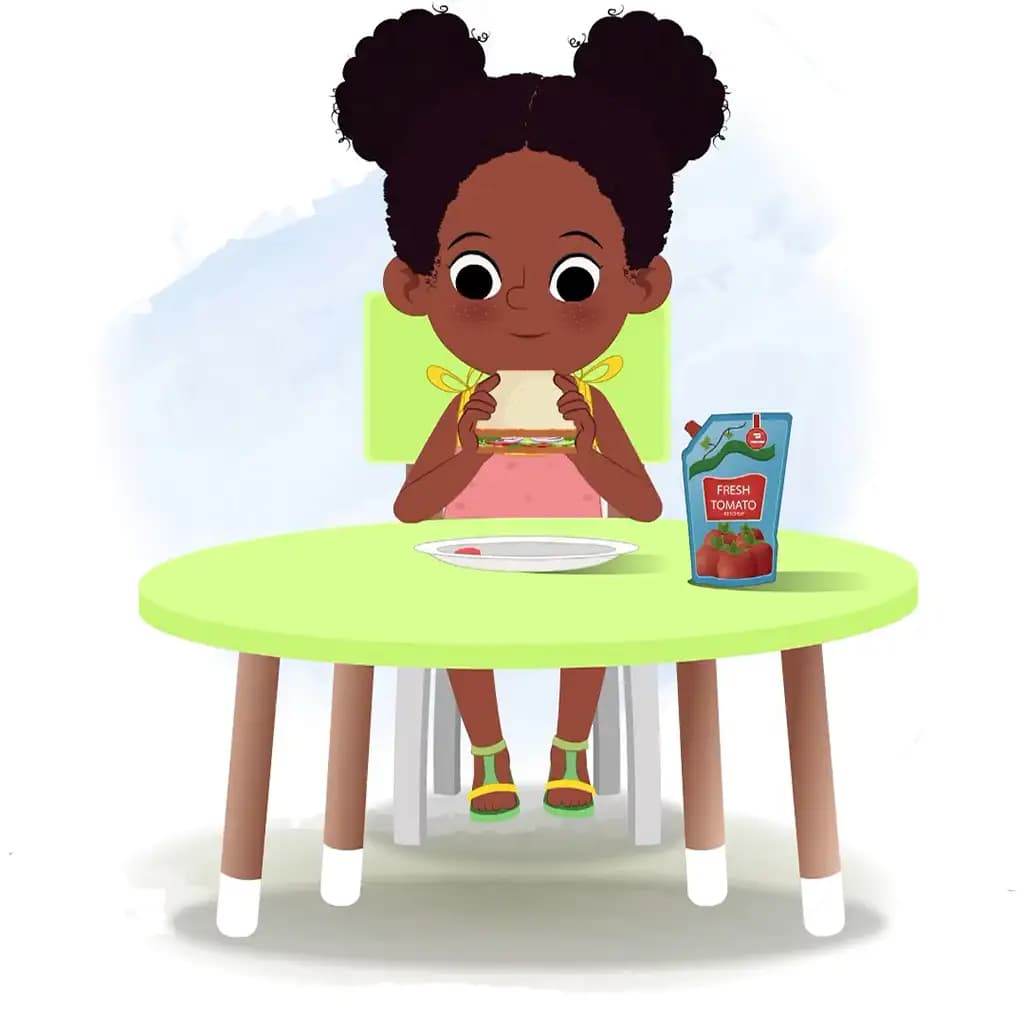 A cute black girl animated cartoon character sitting at a table and eating a sandwich aka kittu
