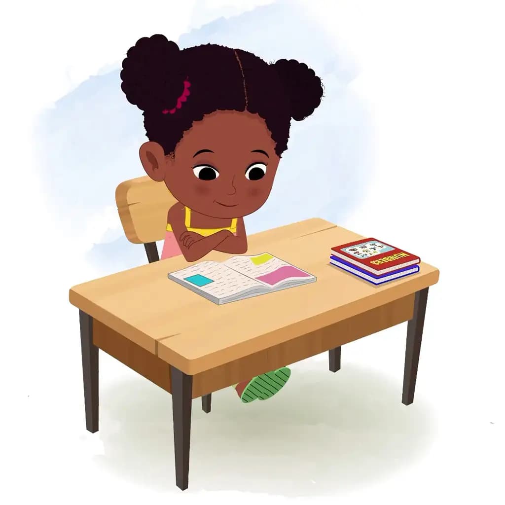 A cute black girl reading a book and sitting on the table animated cartoon character aka kittu