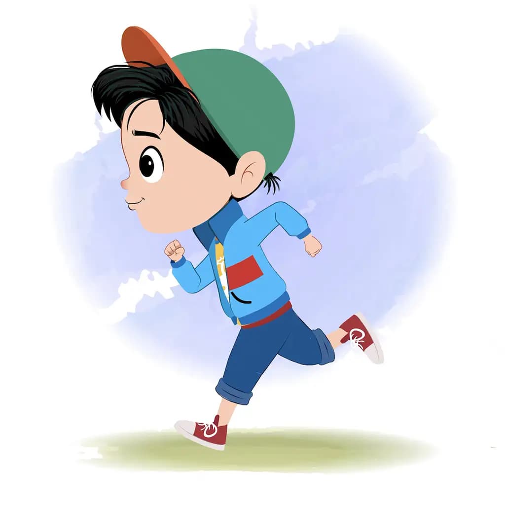 A stylish boy running fast side view animated cartoon character aka navi