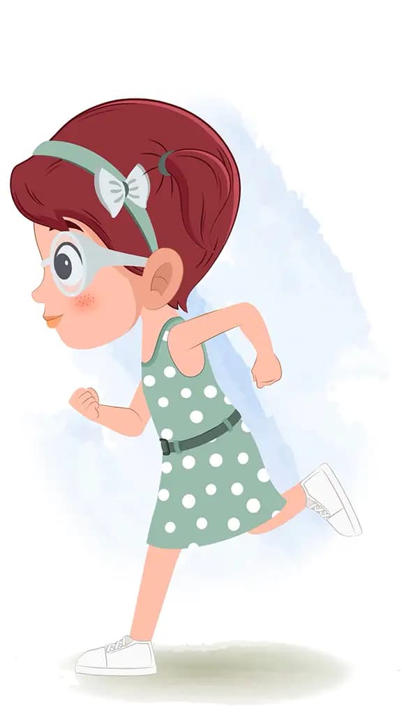 A cute little girl running fast side view animated cartoon character aka naina