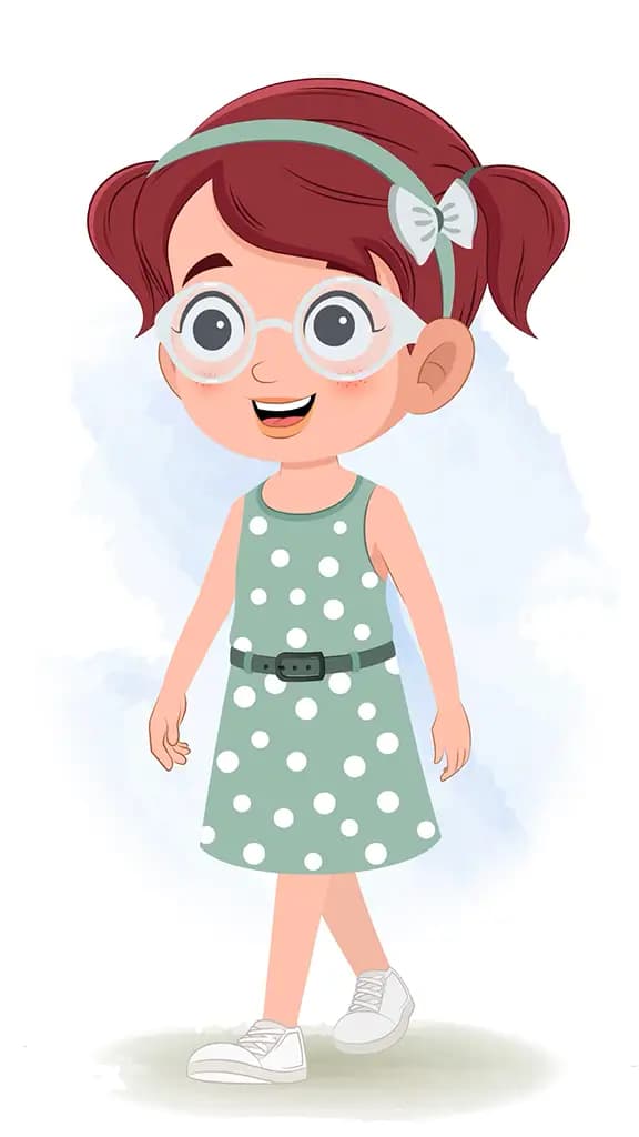 A cute little girl 3/4 front view/three quarter view walking animated cartoon character aka naina 3/4