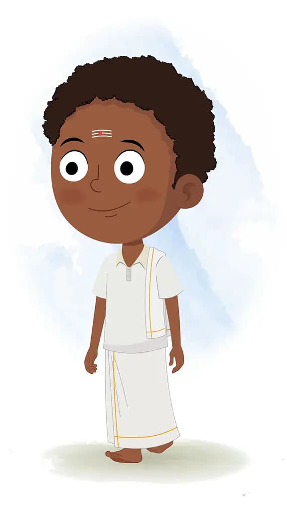 A South Indian boy 3/4 front view/three quarter view walking animated cartoon character aka shree 3/4