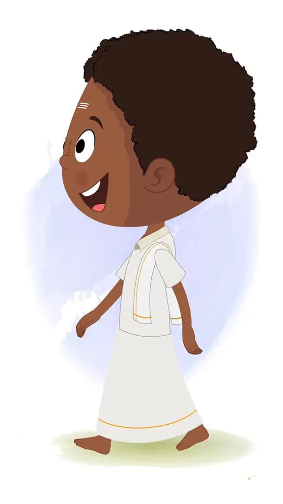 A South Indian boy walking side view animated cartoon character aka shree
