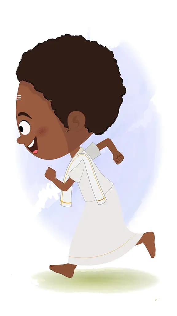 A South Indian boy running fast side view animated cartoon character aka shree