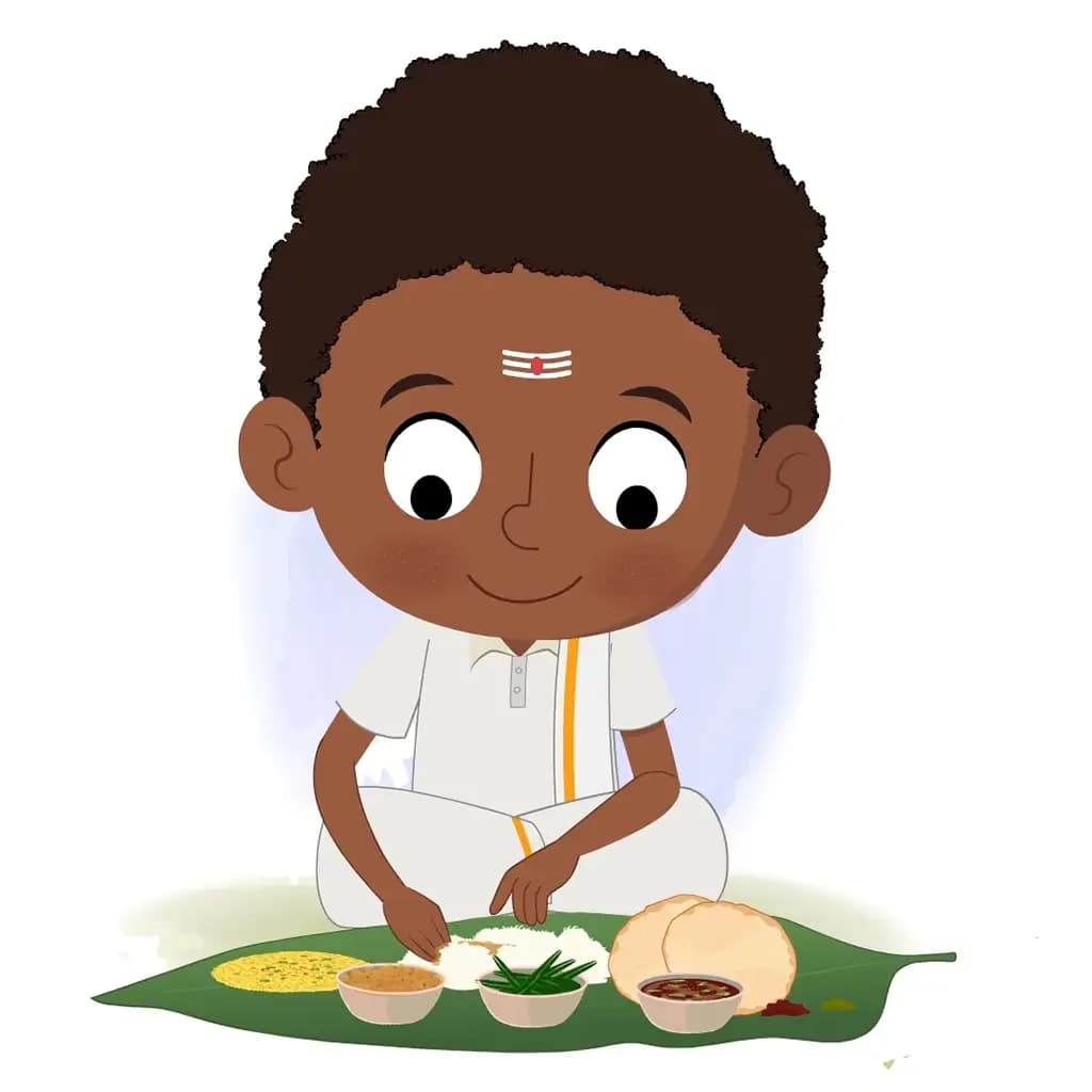 A South Indian boy eating delicious food on banana leaf animated cartoon character aka shree