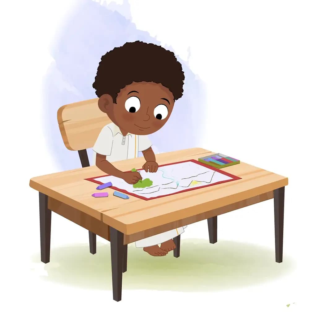 A South Indian boy is sitting at a table with some crayons and colouring on the paper aka shree