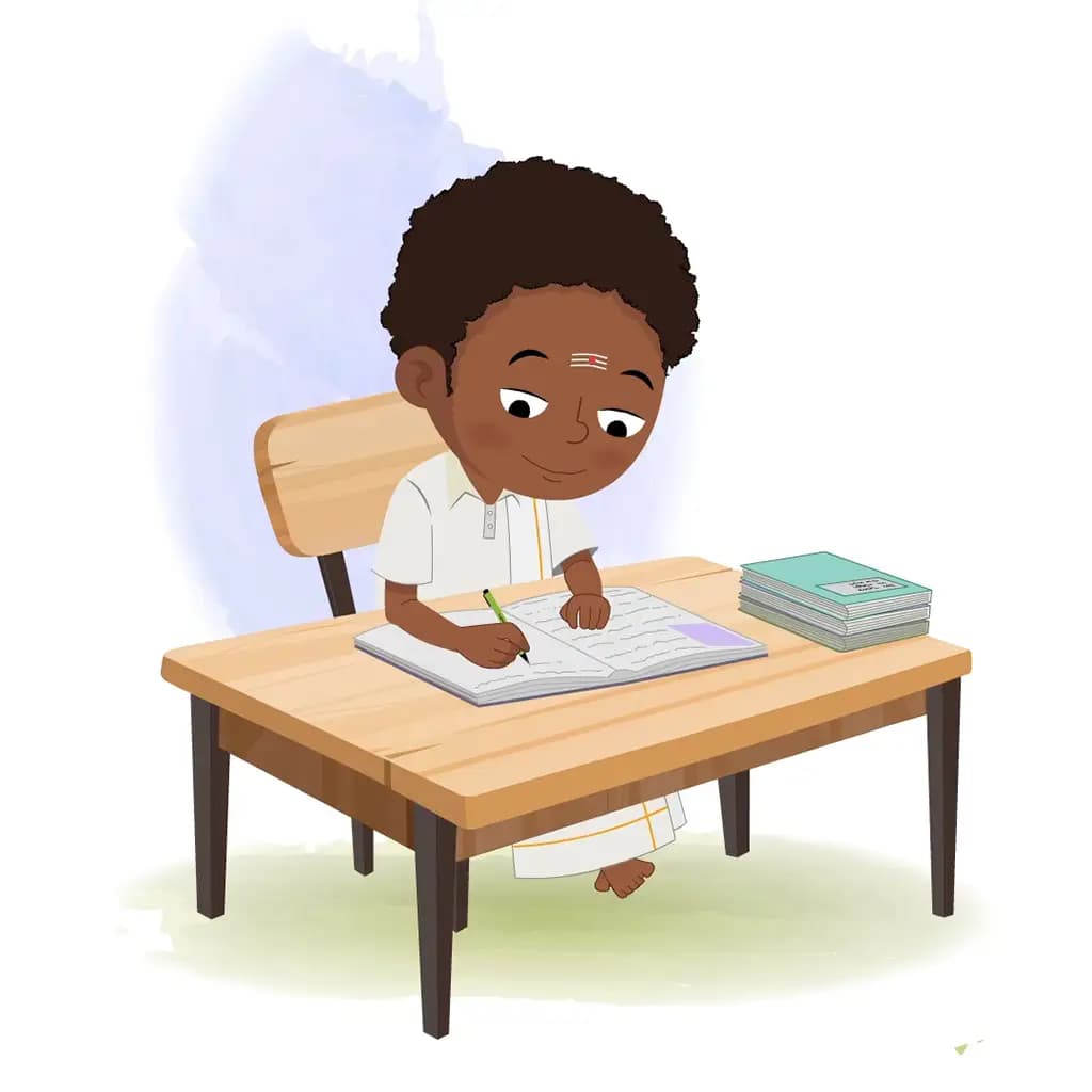 A South Indian boy doing homework and sitting on the table animated cartoon character aka shree