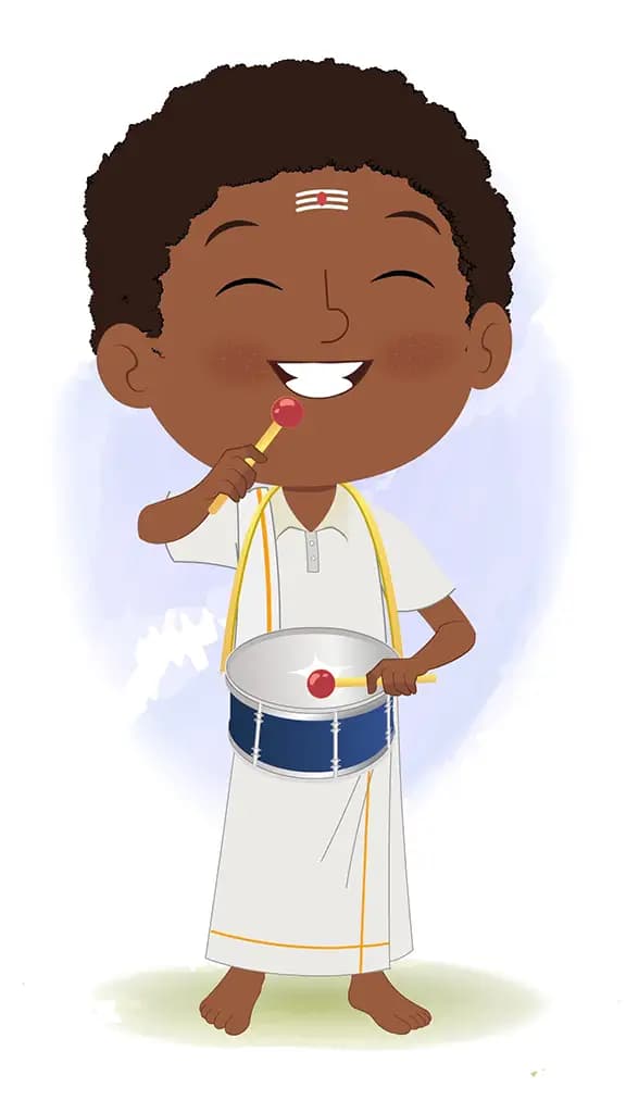 A cheerful south indian boy playing drum animated cartoon character aka shree