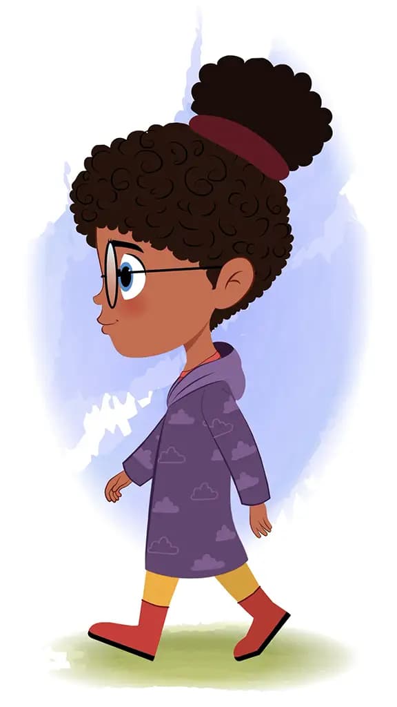 A black girl walking side view animated cartoon character aka nova