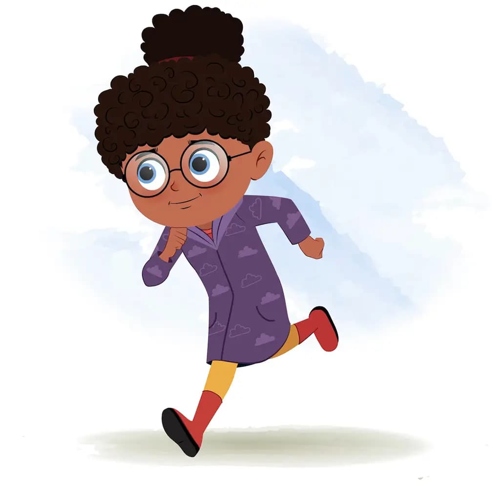 A black girl running three quarter view animated cartoon character aka nova