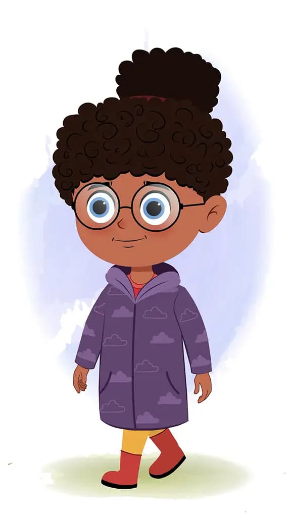 A black girl 3/4 front view/three quarter view walking animated cartoon character aka nova