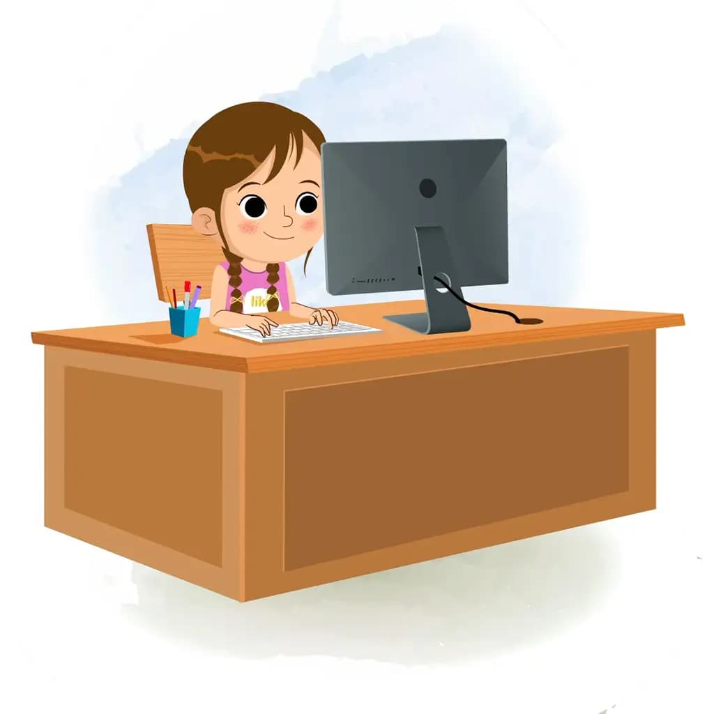 A pretty little girl animated cartoon character working on a computer aka kuhoo