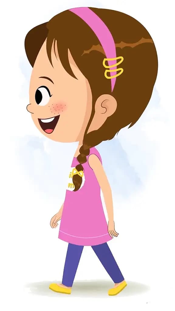 A pretty little girl walking side view animated cartoon character aka kuhoo